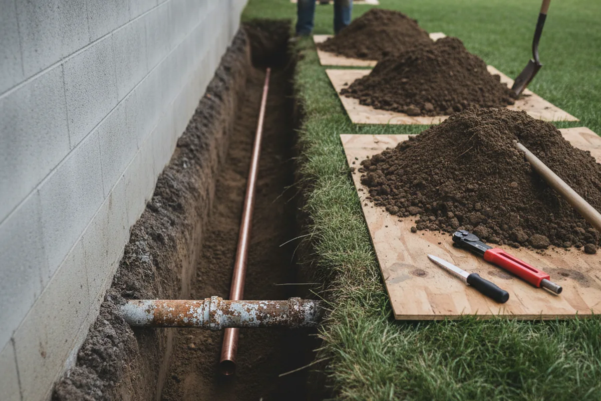 Excavated water line trench during Water Heater Repair in Blacksburg